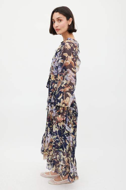 Zimmermann Navy & Multicolour Floral Silk Ruffled Dress