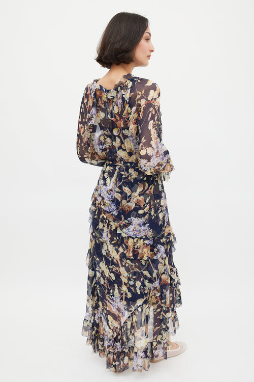 Zimmermann Navy & Multicolour Floral Silk Ruffled Dress