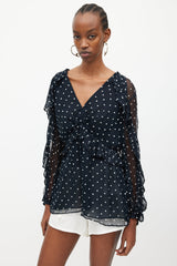 Zimmermann Navy & White Silk Polka Dots Blouse