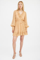Zimmermann Orange & Gold Silk Lurex Wrap Mini Dress