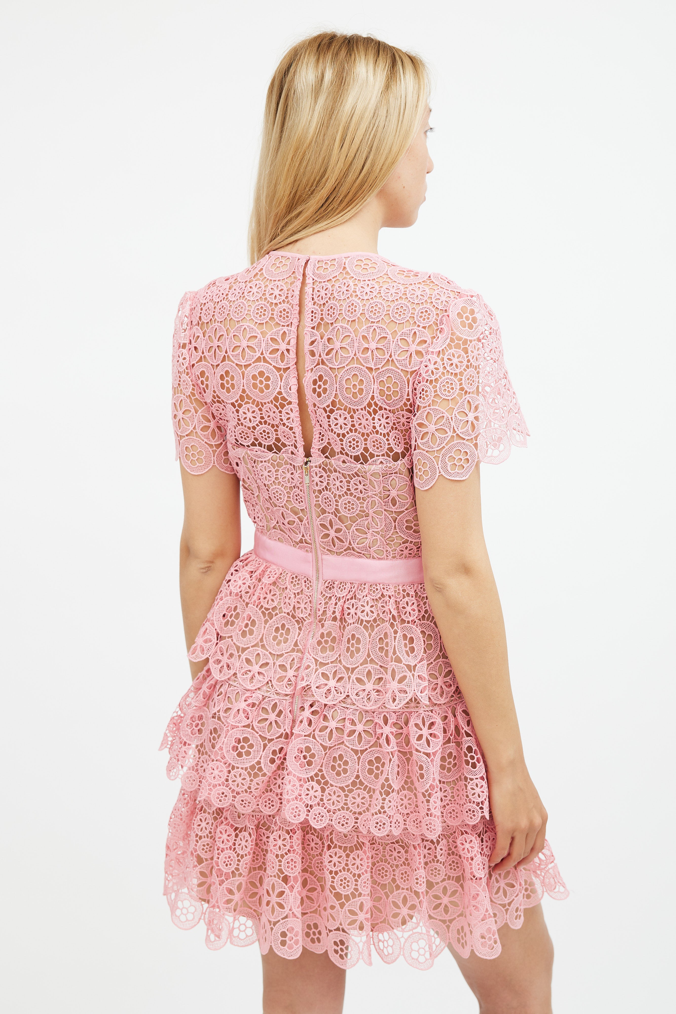 self portrait pink tiered lace mini dress self-portrait - Pink Lace Flared Mini Dress