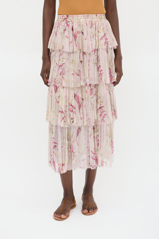 Zimmermann Pink & Multicolour Silk Floral Tiered Skirt