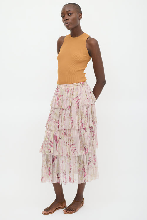 Zimmermann Pink & Multicolour Silk Floral Tiered Skirt