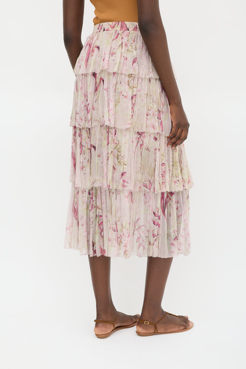 Zimmermann Pink & Multicolour Silk Floral Tiered Skirt