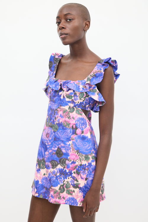 Zimmermann Purple & Pink Linen Floral Ruffled Dress