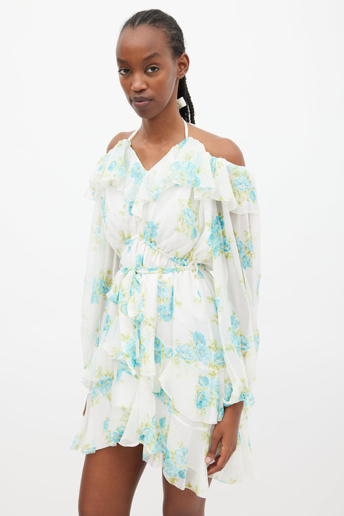 Zimmermann White & Blue Silk Breeze Off The Shoulder Dress