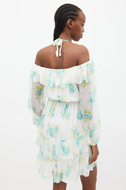 Zimmermann White & Blue Silk Breeze Off The Shoulder Dress