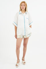 Zimmermann White & Blue Wave Embroidered Semi Sheer Shirt