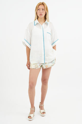 Zimmermann White & Blue Wave Embroidered Semi Sheer Shirt