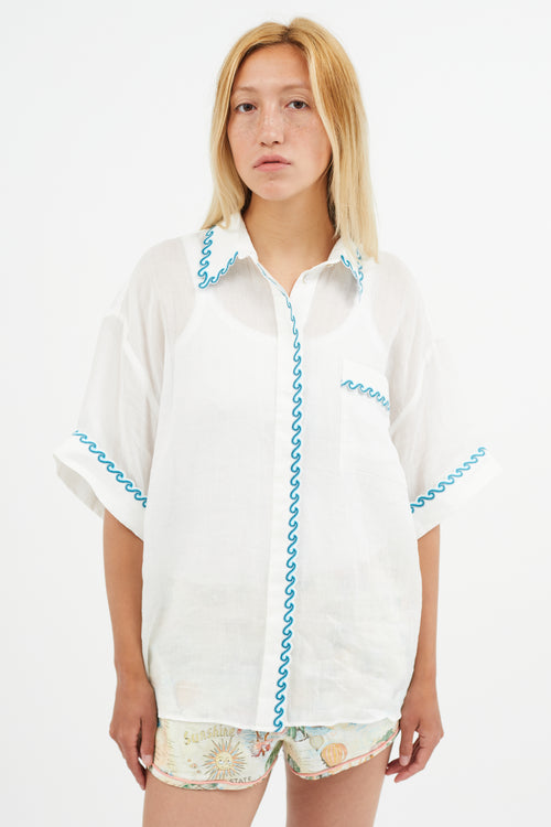 Zimmermann White & Blue Wave Embroidered Semi Sheer Shirt
