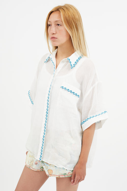 Zimmermann White & Blue Wave Embroidered Semi Sheer Shirt