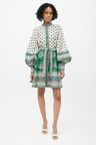 Zimmermann White & Green Linen Amari Floral Dress
