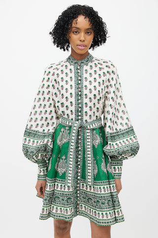 Zimmermann White & Green Linen Amari Floral Dress