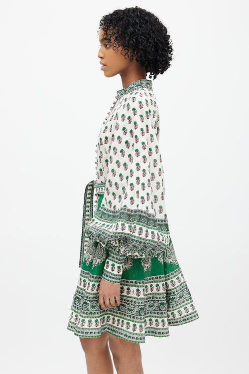 Zimmermann White & Green Linen Amari Floral Dress