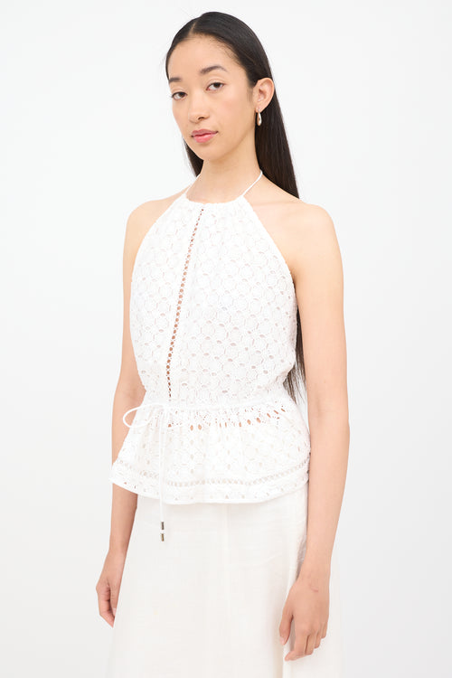 Zimmermann White Lace Halter Drawstring Top