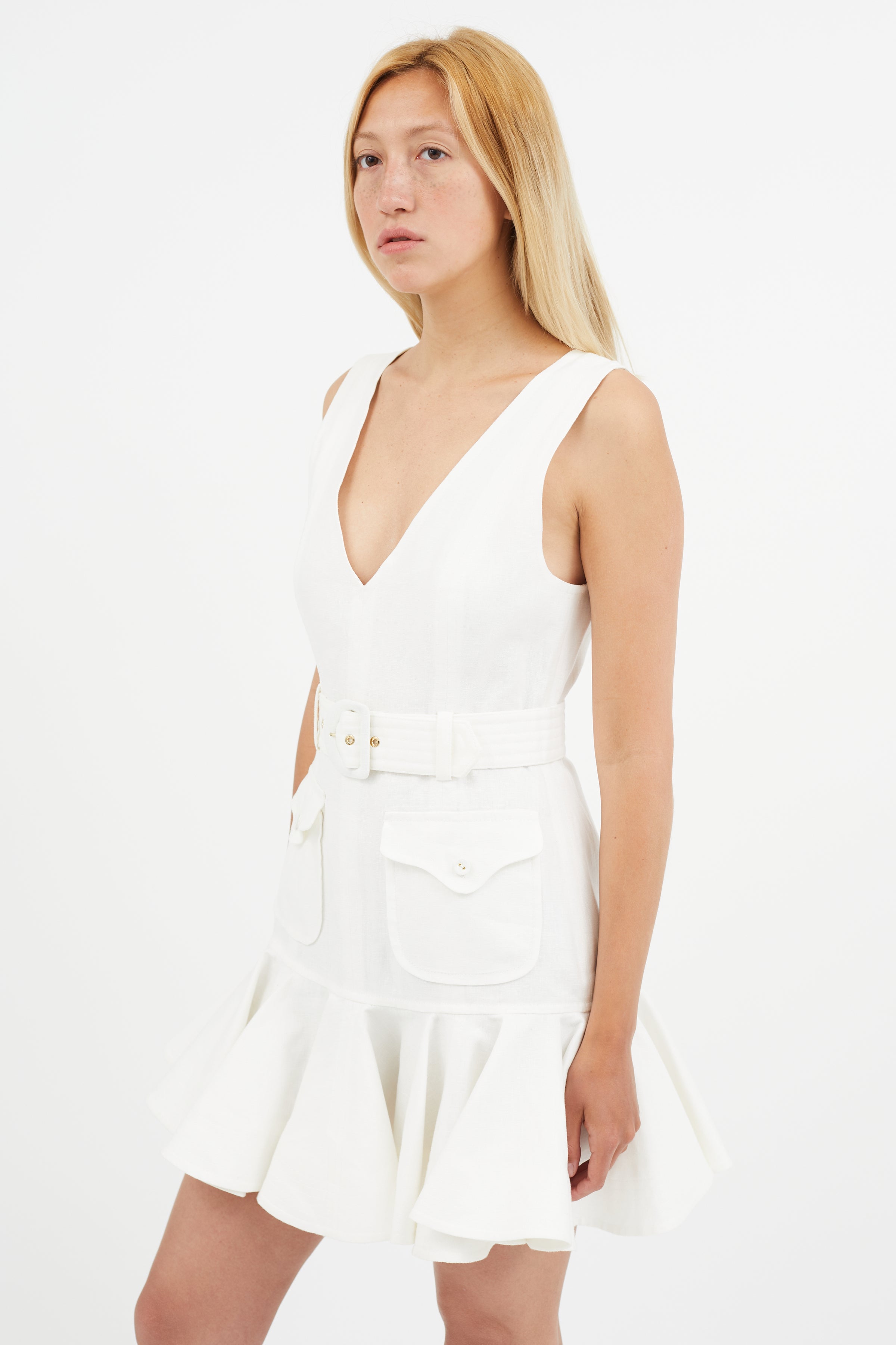 Zimmermann // White Linen V-Neck Belted Mini Dress VSP Consignment Zimmermann // White Linen V-Neck Belted Mini Dress VSP Consignment