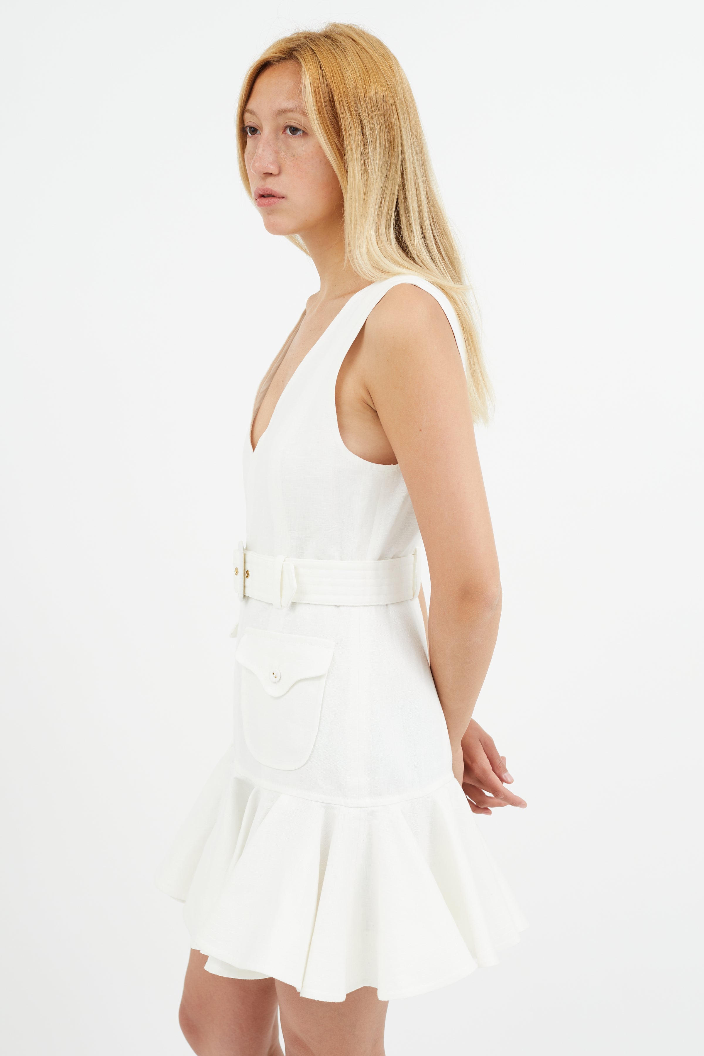 Zimmermann // White Linen V-Neck Belted Mini Dress VSP Consignment Zimmermann // White Linen V-Neck Belted Mini Dress VSP Consignment