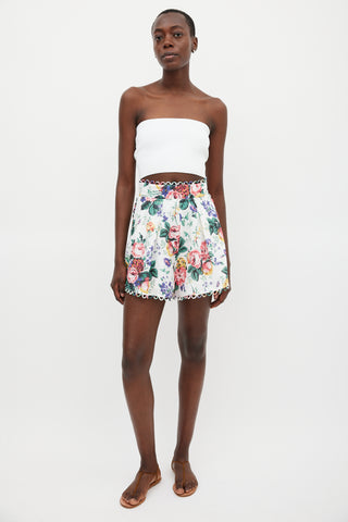Zimmermann White & Multicolour Linen Floral Scalloped Short