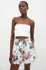 Zimmermann White & Multicolour Linen Floral Scalloped Short