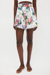 Zimmermann White & Multicolour Linen Floral Scalloped Short