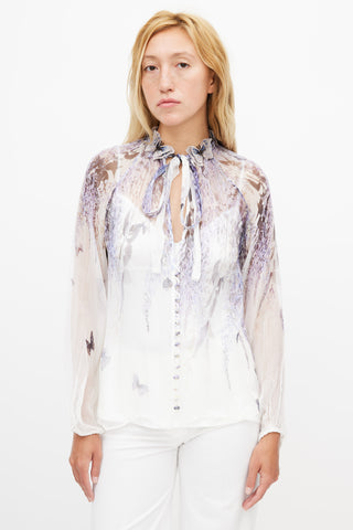 Zimmermann White & Purple Silk Floral Embroidered Blouse