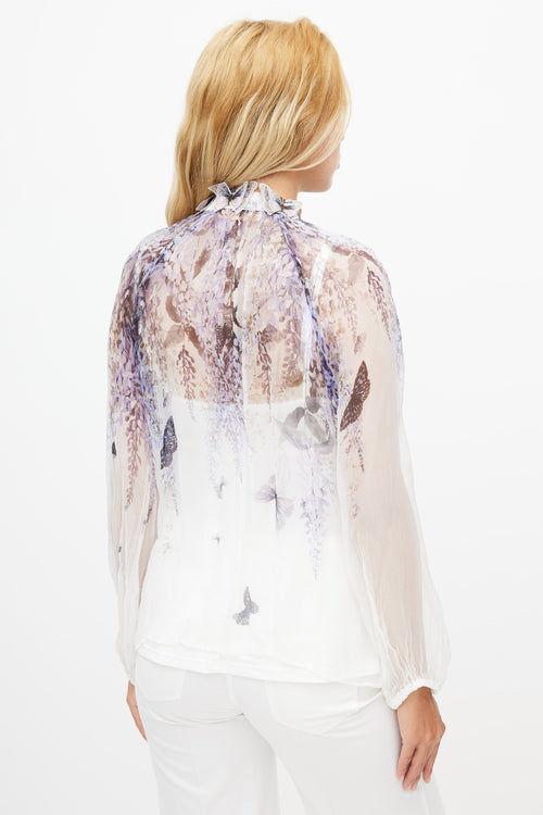 Zimmermann White & Purple Silk Floral Embroidered Blouse