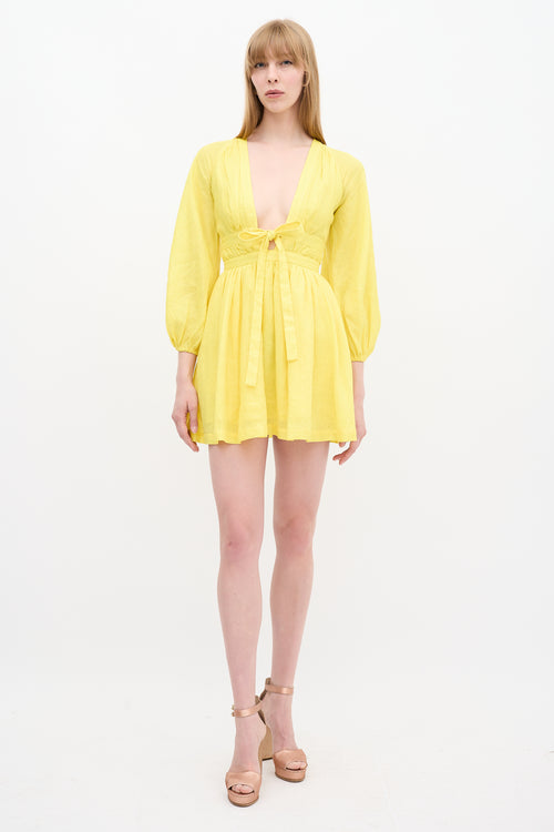 Zimmermann Yellow Linen V-Neck Tie Dress