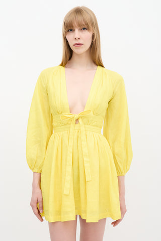 Zimmermann Yellow Linen V-Neck Tie Dress