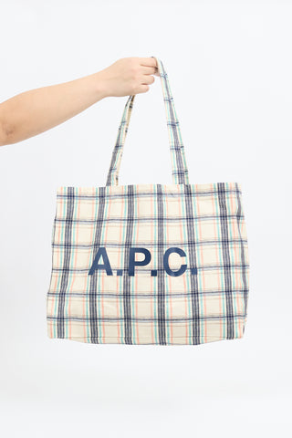 A.P.C. Cream & Multi Canvas Diane Checked Tote