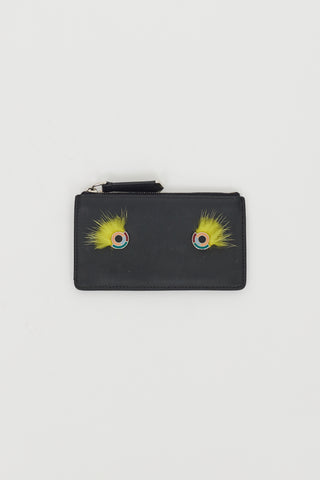 Fendi Black Leather & Fur Monster Zip Cardholder
