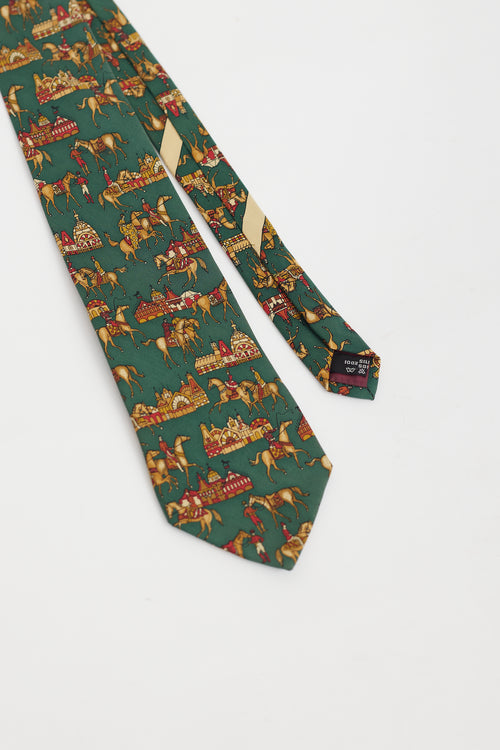 Ferragamo Green & Brown Horse Pattern Tie