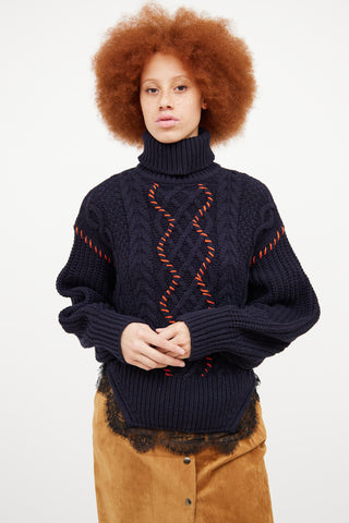 Self Portrait Navy Cable Knit Turtleneck Sweater