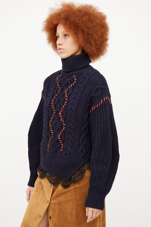 Self Portrait Navy Cable Knit Turtleneck Sweater