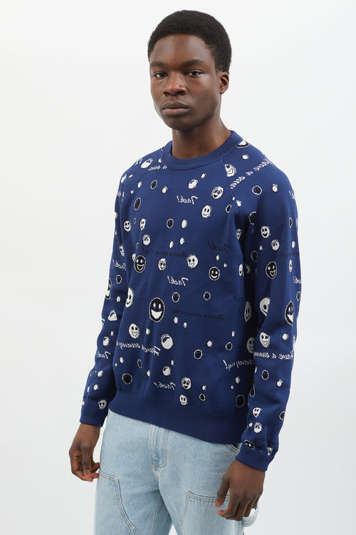 Acne Studios Navy & White Stretch Knit Smiley Face Sweater