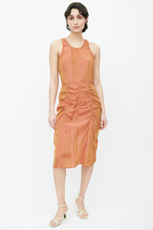 Acne Studios Orange Iridescent Ruched Midi Dress