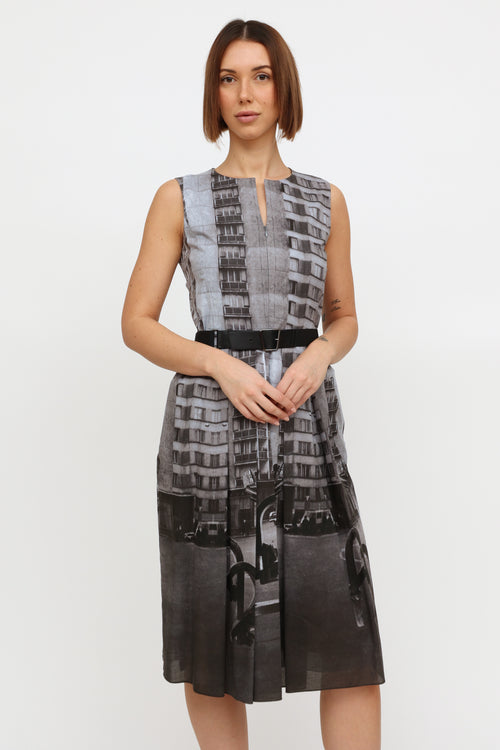 Grey Pattern Half Zip Pleated Dress