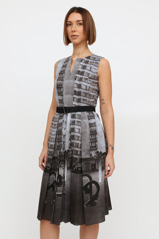 Grey Pattern Half Zip Pleated Dress