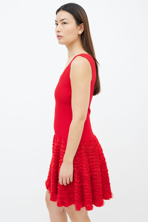 Alaïa Red Sleeveless Ruched Ruffle Midi Dress