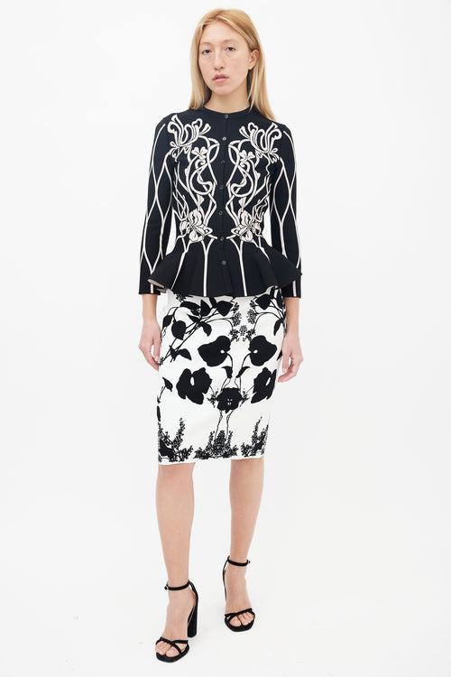 Alexander McQueen Black & White Floral Peplum Cardigan