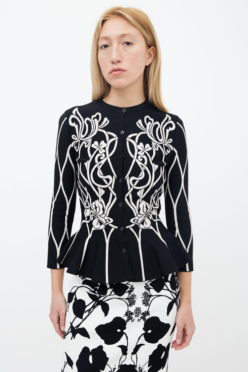 Alexander McQueen Black & White Floral Peplum Cardigan