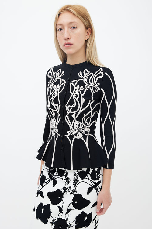 Alexander McQueen Black & White Floral Peplum Cardigan