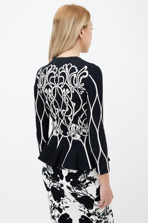 Alexander McQueen Black & White Floral Peplum Cardigan