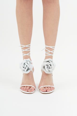 Alexandre Vauthier White Leather Laurel Crystal Flower Sandal Heel