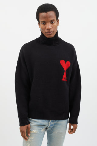 Ami Black & Red Heart Turtleneck Sweater