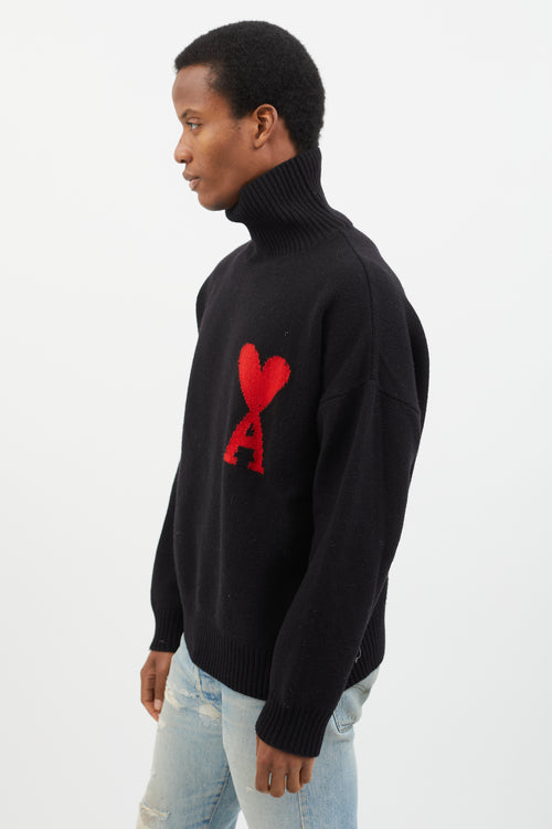 Ami Black & Red Heart Turtleneck Sweater