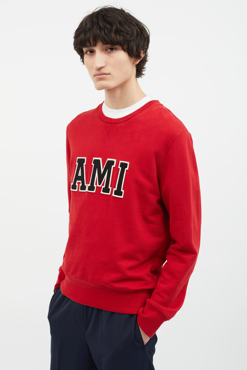 Ami Red Cotton Black Logo Patch Sweater
