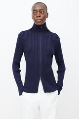 Amomento // Navy Cotton Ribbed Mockneck Zip Up Cardigan – VSP