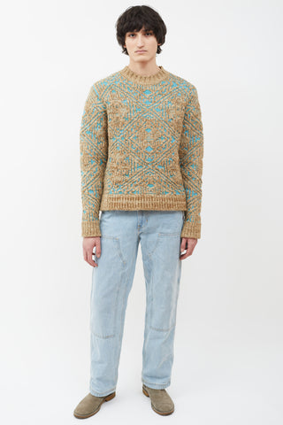 Andersson Bell Beige & Blue Jacquard Heavy Crew Sweater