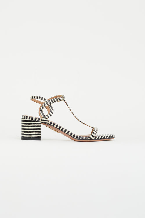 Aquazzura Black & White Leather Striped T-Strap Sandal