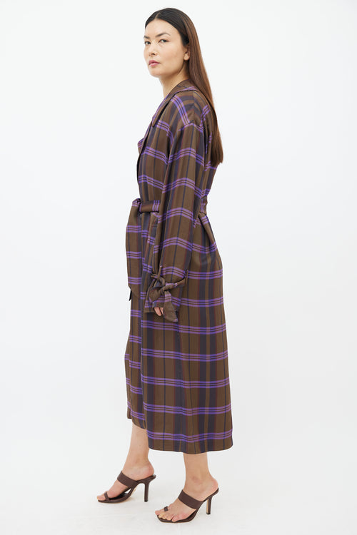 Aritzia Brown & Purple Plaid Lightweight Trench Coat